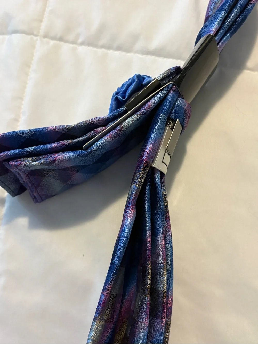 Mario Ferrari Tie Set Blue Purple Geometric Tie Pocket Square & Lapel Pin